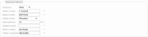 Nastavení faktury Nastavení faktury